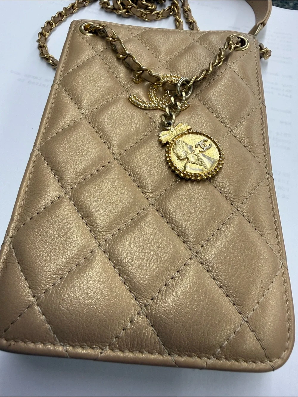 CHANEL Gold Quilted Leather Crossbody Pouch with Chain